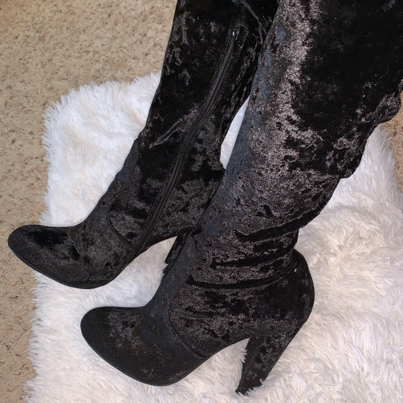 crushed velvet thigh high boots